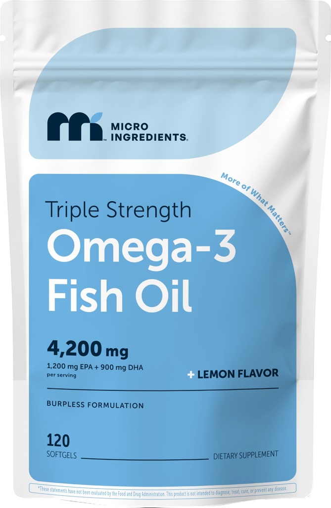 Micro Ingredients Triple Strength Omega 3 Fish Oil Supplements 4200mg Per Serving, 120 Softgels – Lemon Flavored – Burpless | EPA 1200mg + DHA 900mg | Deep Sea Fish