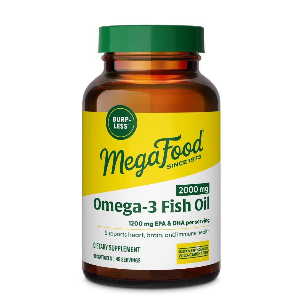 MegaFood 2000mg Fish Oil Omega 3 Supplementen - Burp-Less & Citroen Oil Infunded - Heart, Brain, Eye, Joint & Immune Support Supplement - 1200mg EPA & DHA Per Serving - 90 Softgels, 45 Servings