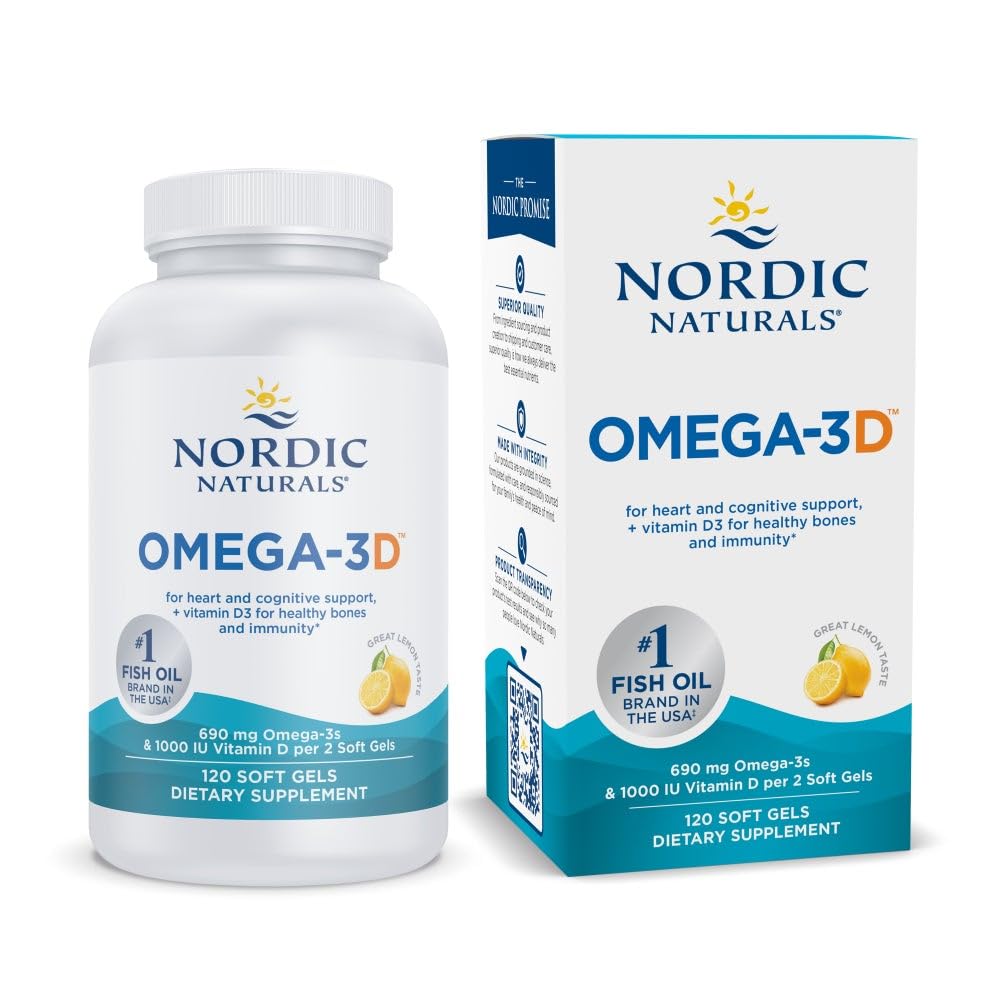 Nordic Naturals Omega-3D, Saveur de citron - 120 gels mous - 690 mg Omega-3 + 1000 UI Vitamine D3 - Huile de poisson - EPA et DHA - Soutien immunitaire, santé du cerveau et du coeur, os sains - non-OGM - 60 portions