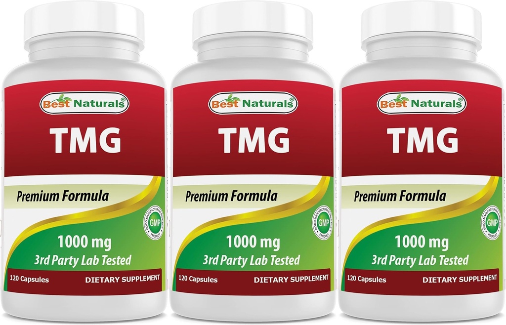 Best Naturals TMG Trimethylglycine (als Betaine Anhydrous) 1000 mg Serving - 120 Capsules - Healthy Homocysteïne Levels & Methylation Support (120 Count (Pack of 3))