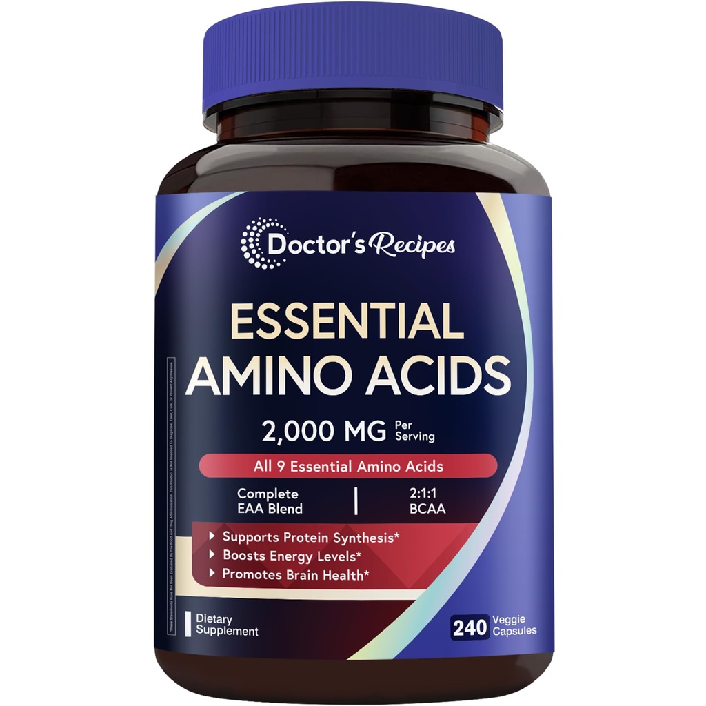 Recettes du médecin Supplément d'acides aminés essentiels, tous les 9 acides aminés essentiels (AEA), BCAA 2:1:1, 240 capsules de légumes