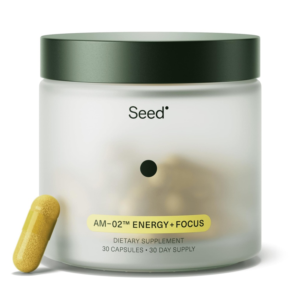 Seed AM-02 Energy + Focus - Daily Nootropic Supplement for Women & Men - Fast-Active & Sustained Energy for Uren - Cafeine-Free Vegan & Shelf-Stable - 30 Capsules (30-Day Supply)