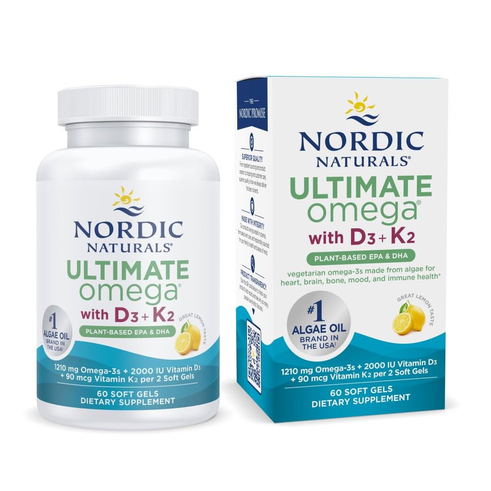 Nordic Naturals Ultimate Omega Plant Based Vitamine met Vitamine D3+K2-60 Vegetarische Zachte Gels - 1210 mg Omega-3s Plus 2000 IE D3 en 90 mcg K2 - Bevordert de gezondheid van de hersenen - Niet GGO - 30 porties