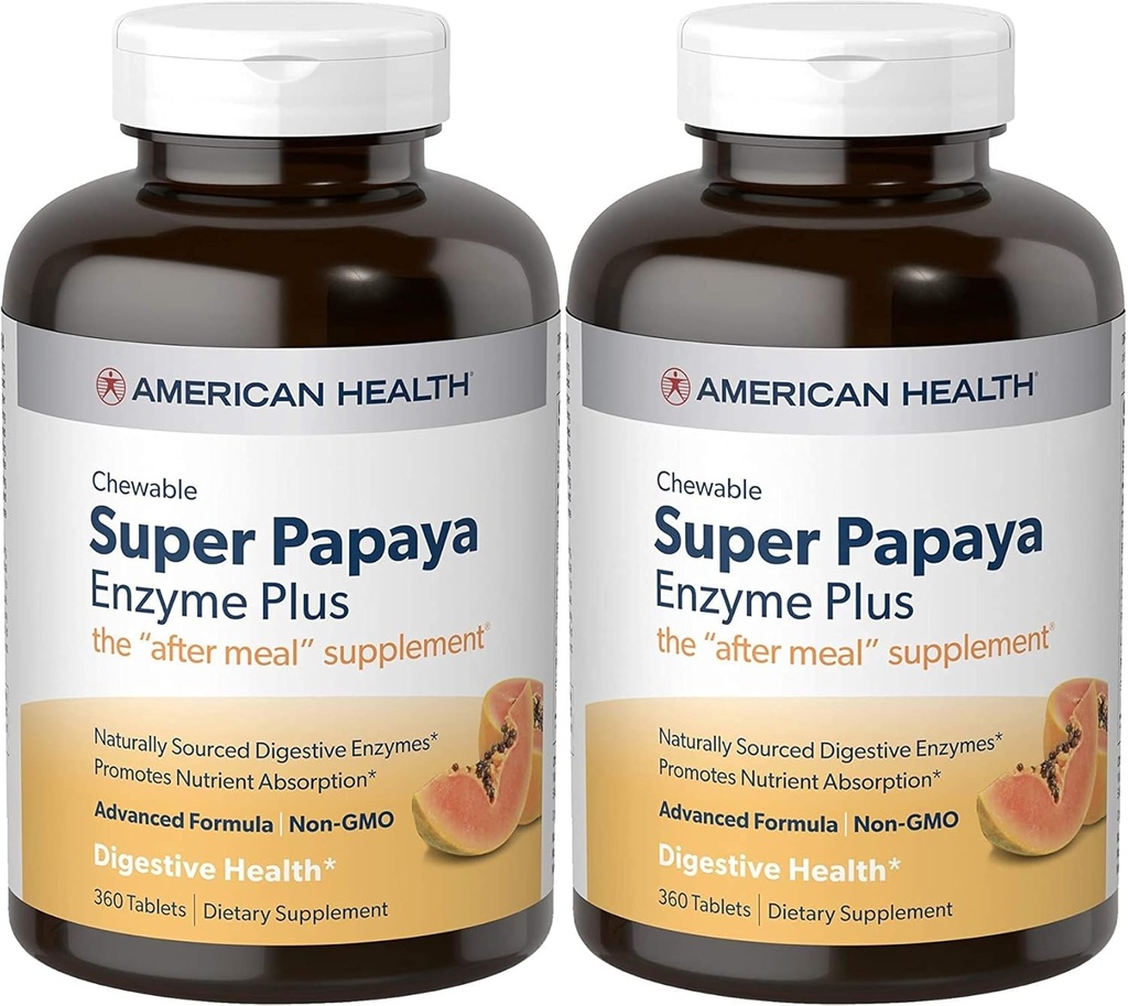 American Health Super Papaya Enzyme Plus Chewable Tablets, Natural Papaya Flavor - Promotes Digestion & Nutrient Absorption, Contains Papain & Other Enzymes - 360 Count - Pack of 2