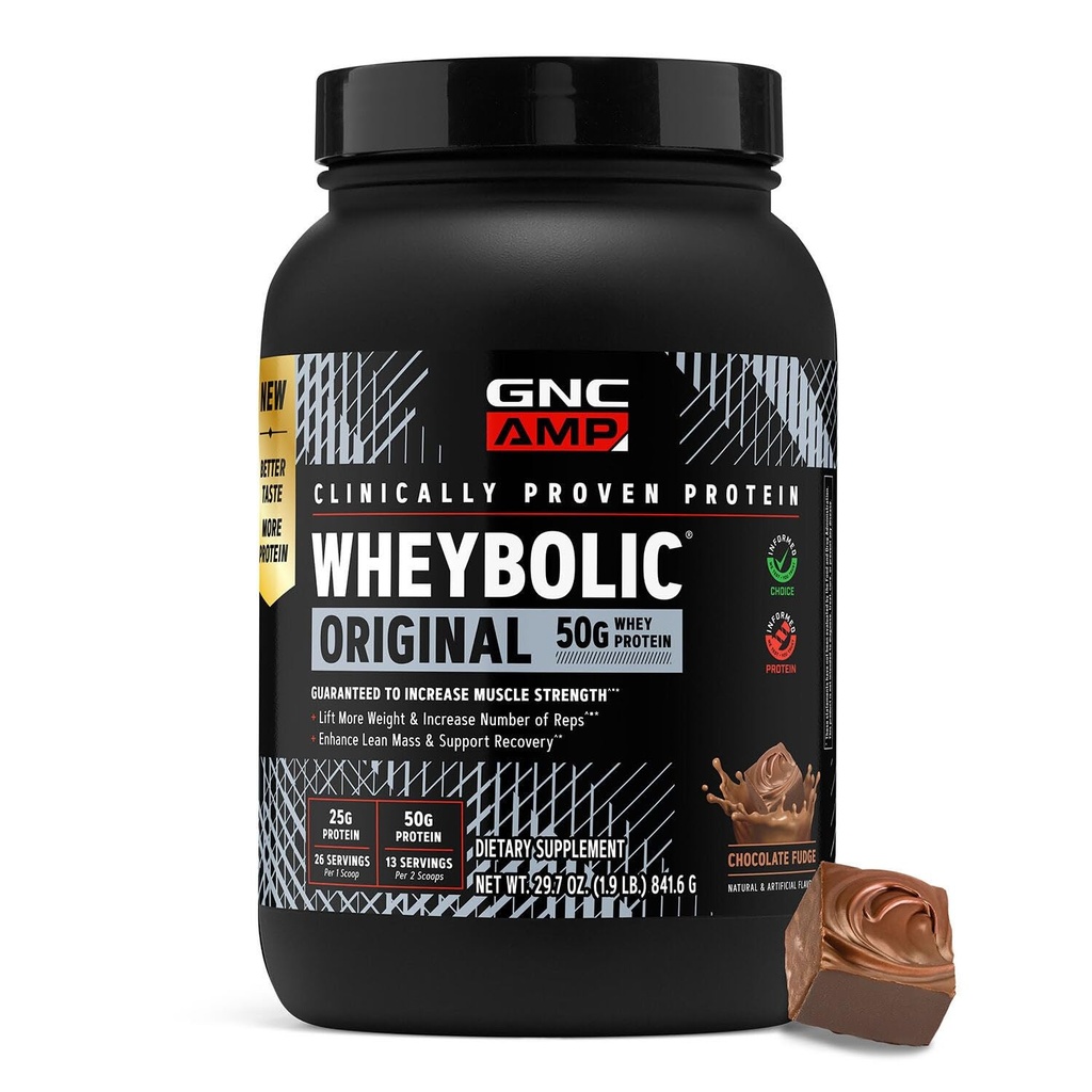 GNC AMP New Wheybolic- Clinically Studied Whey Protein Powder for Workouts & Active Lifestyles- High Leucine Content- Smooth Mixing Drink Mix for Fitness Shakes- Chocolate Fudge- 29.7 Oz (13 Servings)