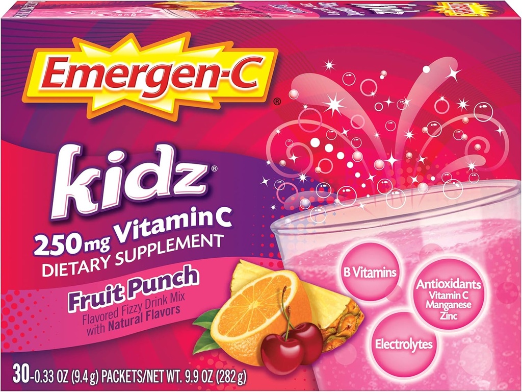 Emergen-C Kidz 250mg Kids Vitamine C Poeder, Cafeïnevrij, Immune Ondersteuning Drink Mix, Fruit Punch Smaak - 30 Tellen/1 Maand Levering