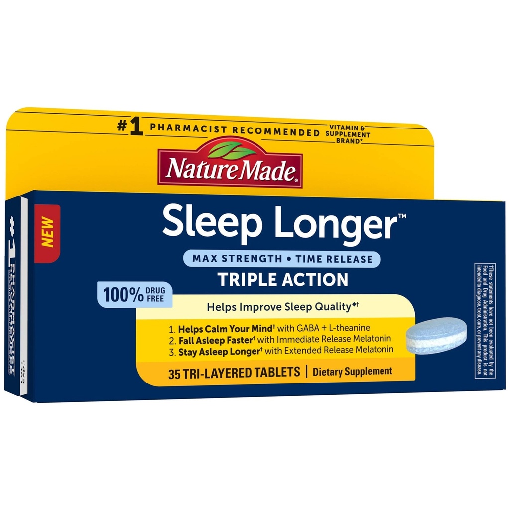 Nature Made Sleep Langer, Melatonine 10mg Time Release Tri-Layer Tablets, helpt verbeteren Slaapkwaliteit, Val Slaap sneller, Blijf langer slapen, L-Theanine en GABA om te helpen uw geest te kalmeren, 35 tabletten