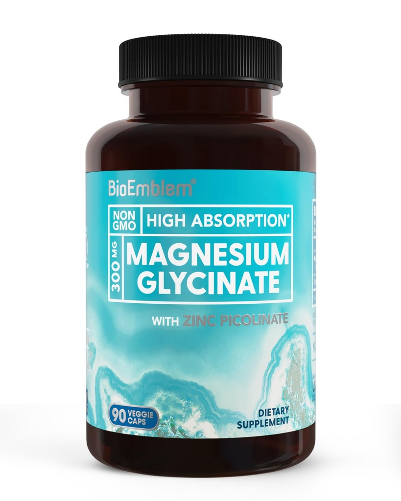 BioEmblem Magnesium Glycinate with Zink - 300mg Chelated Magnesium Supplement - High Absorptie Vegan Non-GMO 2-in-1 Complex - Immune Support, Spieren, Zenuwen - 90 Capsules