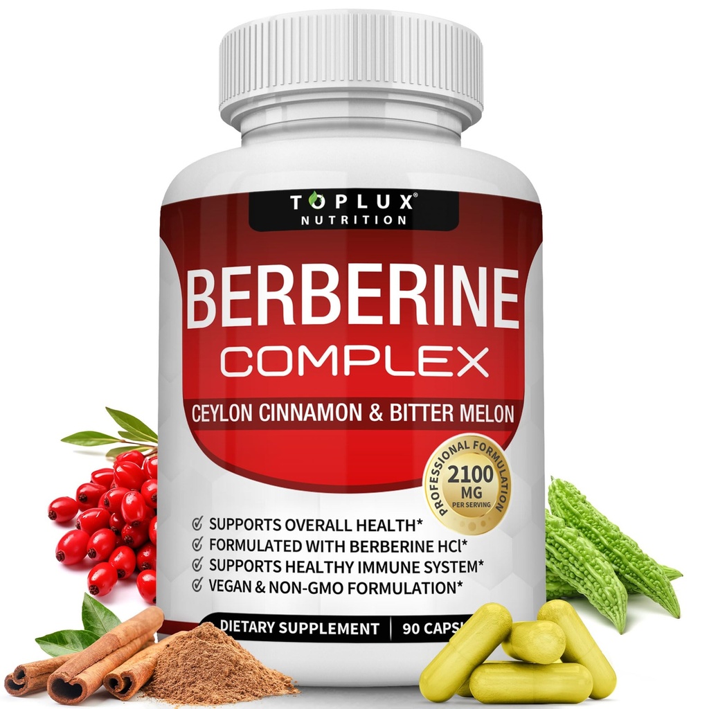 Toplux Berberine with Ceylon Cinnamon and Bitter Melon 2100mg - High Purity 97% HCL Berberine Supplement, Supports Overall Health & Immune System, Non-GMO Vegan 90 Capsules