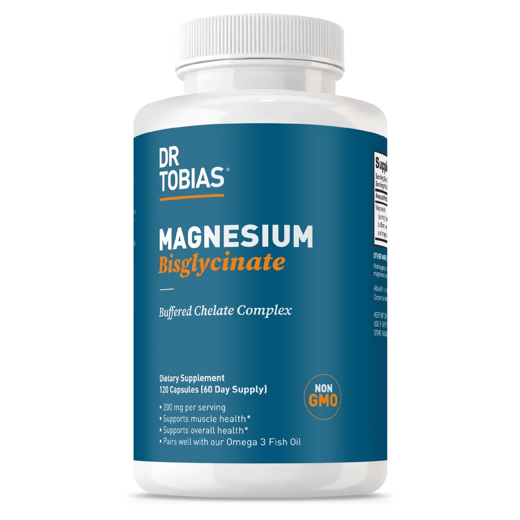 Dr. Tobias Magnesium Bisglycinaat, Hoge Absorptie Magnesium Buffered Chelate Complex, 200 mg per Capsule, Ondersteunt Energie, Spier, Bot & Gezamenlijke Gezondheid, Non-GMO Magnesium Supplement, 120 Capsules