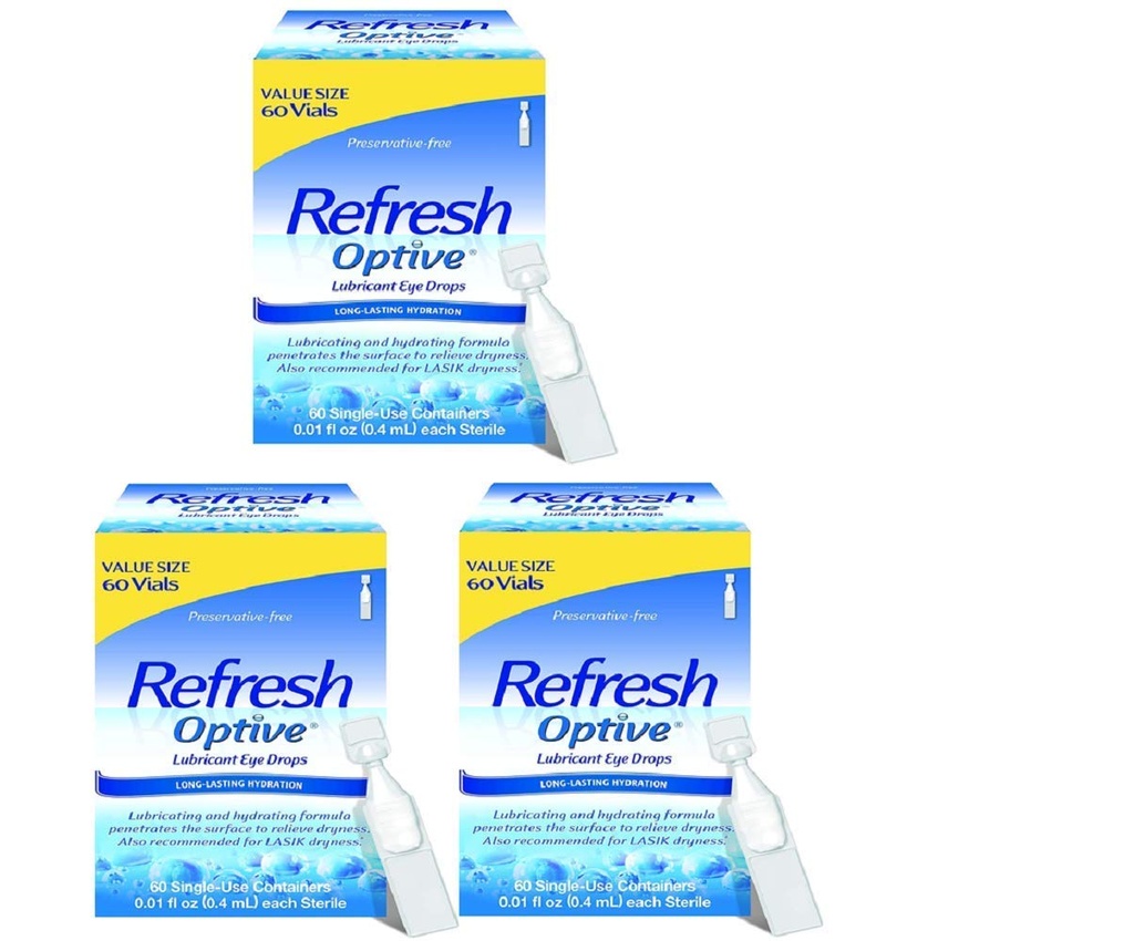 Rafraîchir les gouttes de lubrifiant optimisées pour les yeux sensibles, 60 flacons, sans conservateur - Taille de grande valeur (paquet de 3)- (180 flacons)
