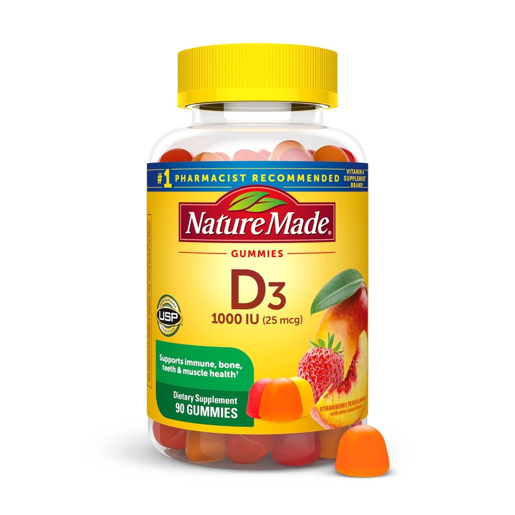 Nature Made Vitamin D3 1000 IU Gummies, Bone, Teeth, Muscle and Immune Health Support, 90 Day Supply, 90 Vitamin D Gummies for Adults