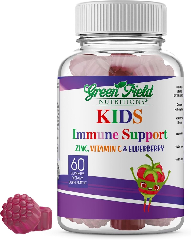 Greenfield Voedingen Halal Immune Ondersteuning Vlierbessen Gummies voor kinderen - Ondersteunt uw immuunsysteem natuurlijk met halal zink en vitamine C Gummy Halal Vitaminen - 60 Delicious Kids Gummy Vitaminen