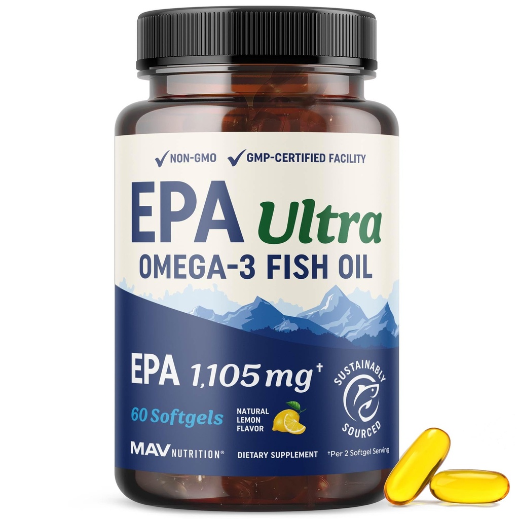 EPA Ultra 1,105MG | Heart Health & Cellular Function Support | Omega 3 Fish Oil | 1,650MG Total Omega-3 Fatty Acids | High Strength EPA Supplement | Sustainably Sourced & Gluten-Free | 60 Ct.