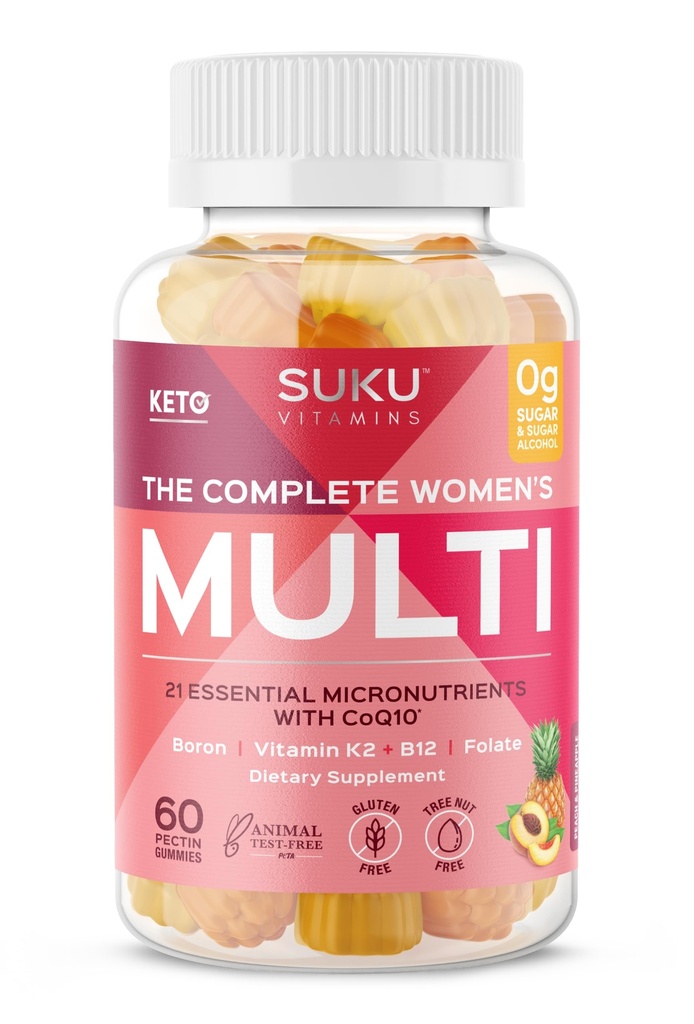 SUKU Vitamines - Complete Vrouwen Multi - met Boron, Vitamine K2, B12, A en meer voor de gezondheid van vrouwen - Gemakkelijk te kauwen - Niet GGO, Gluten Suikervrij - Ananas & Peach Flavored Gummy Vitaminen, 60 Tel.