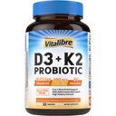 Vitalibre D3 K2 Supplément probiotique, vitamine D3 5000 UI et K2 100 mcg, avec probiotiques pour les femmes et les hommes, Akkermansia Muciniphila, os, Gut & Immune Support, non-OGM, facile à avaler, 30 capsules