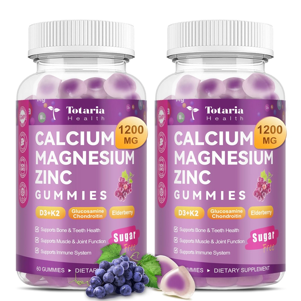 2 PCS Totaria Sugar Free Calcium Citrate Magnesium Zinc Gummies for Women Men, with D3, Boron, B12, Ashwagandha, 19-in-1 Ultimate Absorption Calcium 1200 mg Supplements for Bone, Muscle, Calm, Vegan