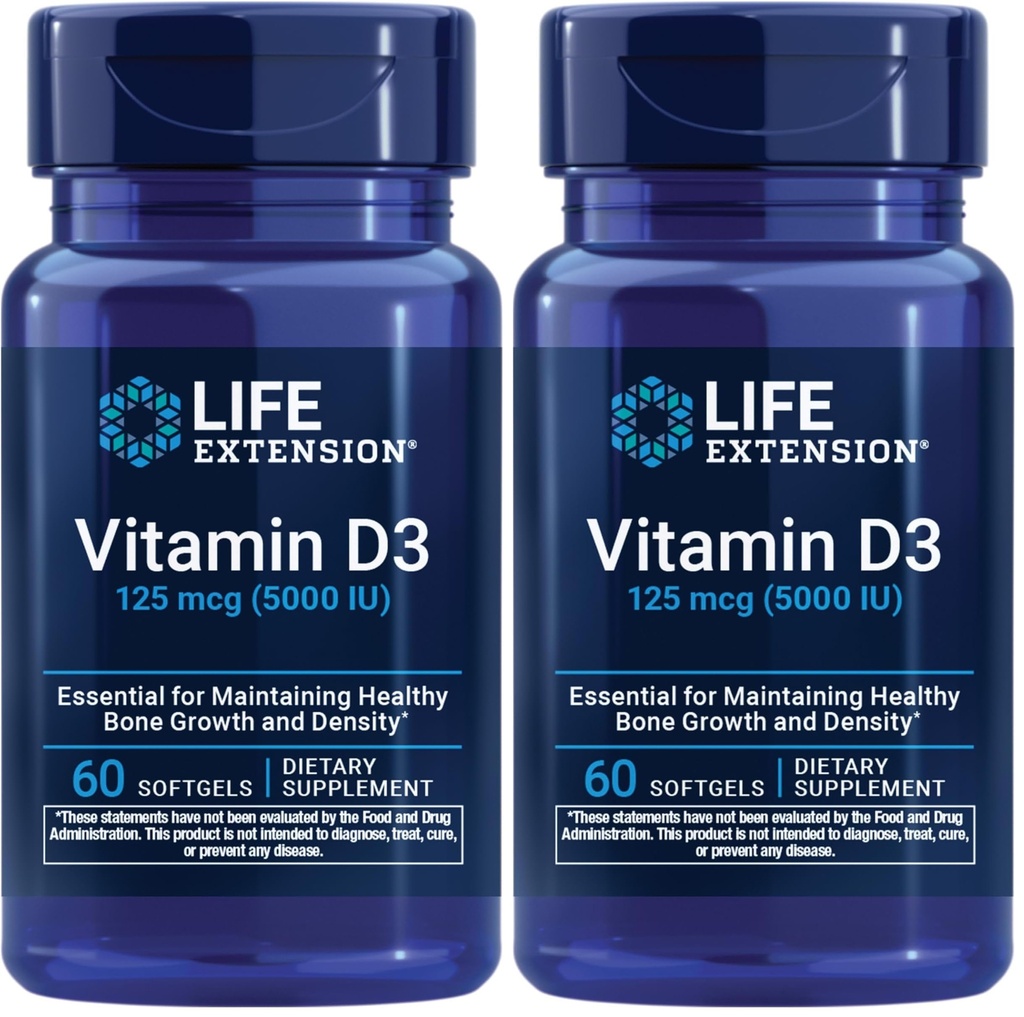 Life Extension Vitamin D3 125 mcg (5000 IU), Bone Health, Brain Performance, Immune System Support, Gluten-Free, Non-GMO, Once Daily, Two-Month Supply, 60 Softgels (Pack of 2)