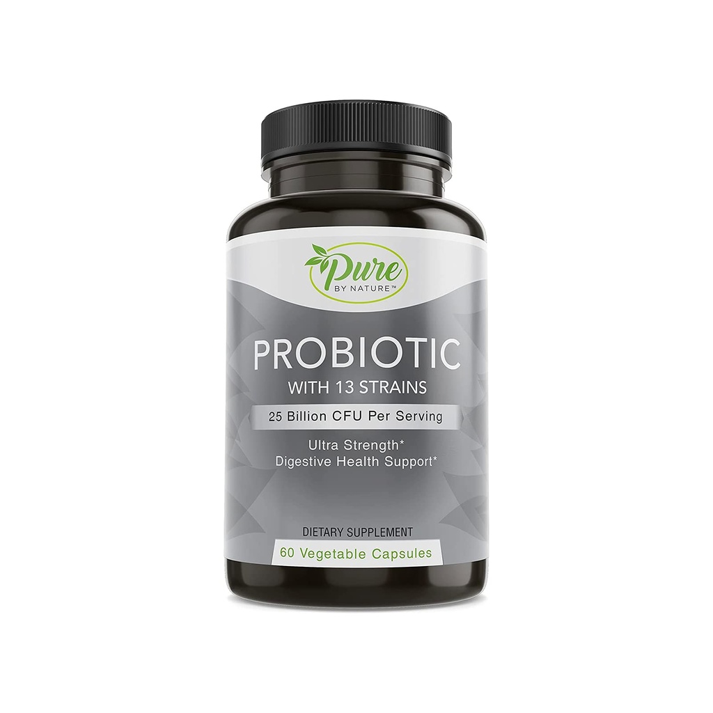 Pure By Nature Probiotica voor vrouwen en mannen, 13 Strains met 25 miljard CFU, Probiotica voor de spijsverteringsgezondheid, Gut Health, Immune Support, Bloating & Constipatie, Vegan & Shelf Stable, 60 Capsules