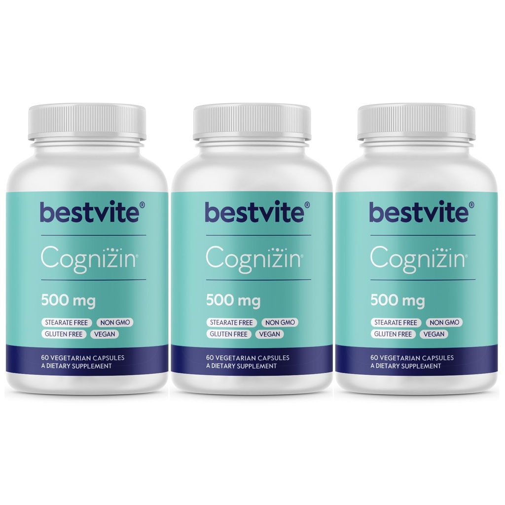 BESTVITE Cognizin Citicoline 500mg (180 Capsules végétariennes) (60x3) - Études cliniques Premium Choline Nootropic - Pas de stéarates - Vegan - Sans gluten - Suppléments Cerveau pour la Mémoire et la Focus