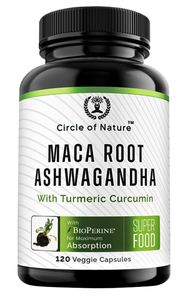 Maca Root, Ashwagandha Root Extract, Capsules voor mannen & vrouwen met Kurkuma Curcumine en Bioperine 120 Capsules Made in USA