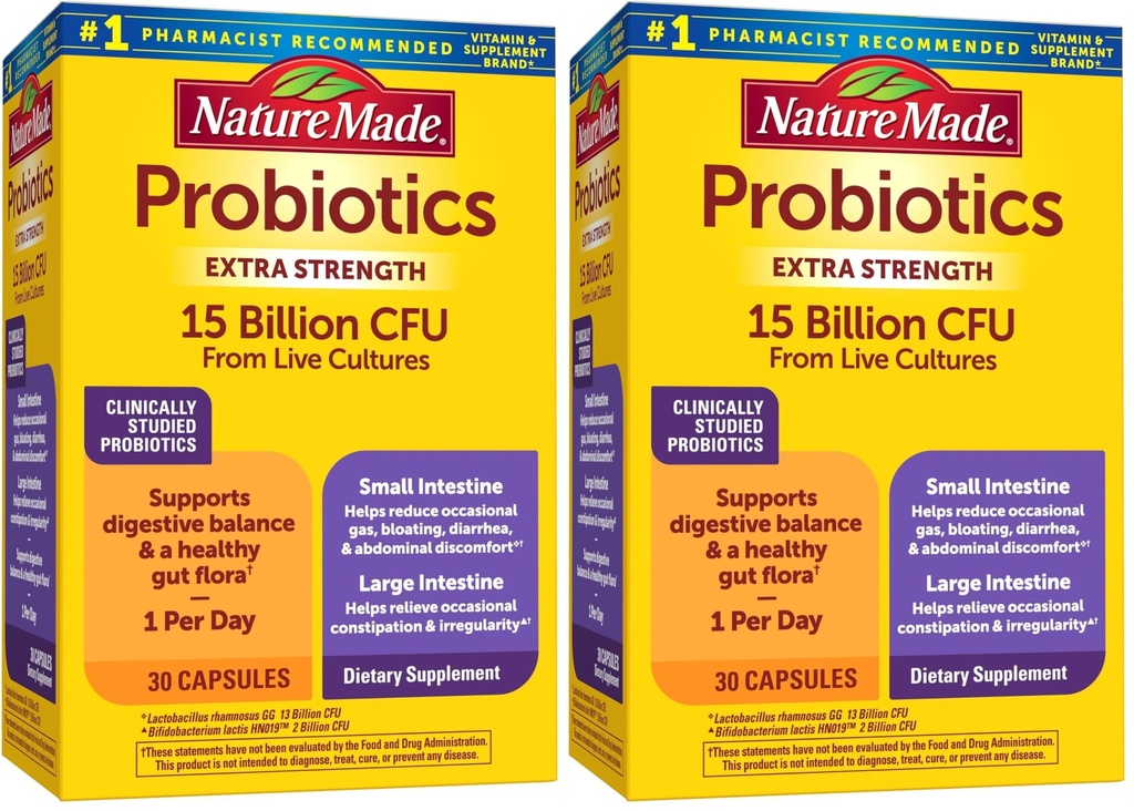 Nature Made Probiotics for Digestief Health Extra Strength 15 Miljard CFU from Live Cultures,Probiotics for Women and Men,30 Probiotic Capsules,30 Day Supply,(Pack of 2)