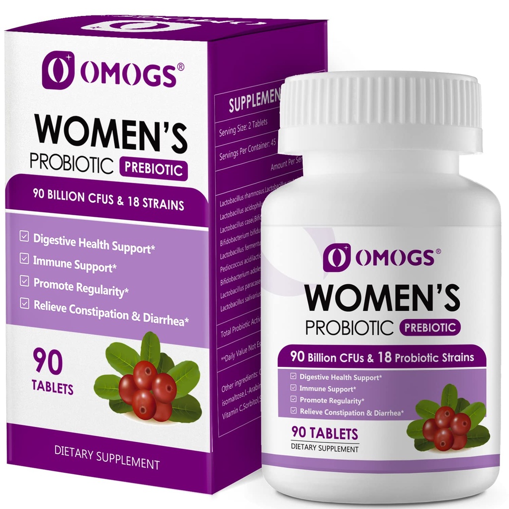 OMOGS Probiotique pour femmes, avec extrait de canneberge, prébiotiques organiques et vitamine C, 90 milliards d'UFC,18 souches, aide à stimuler l'immuno-immune, digestive, la santé des femmes et la santé des femmes, sans gluten et sans soja,90 comprimés
