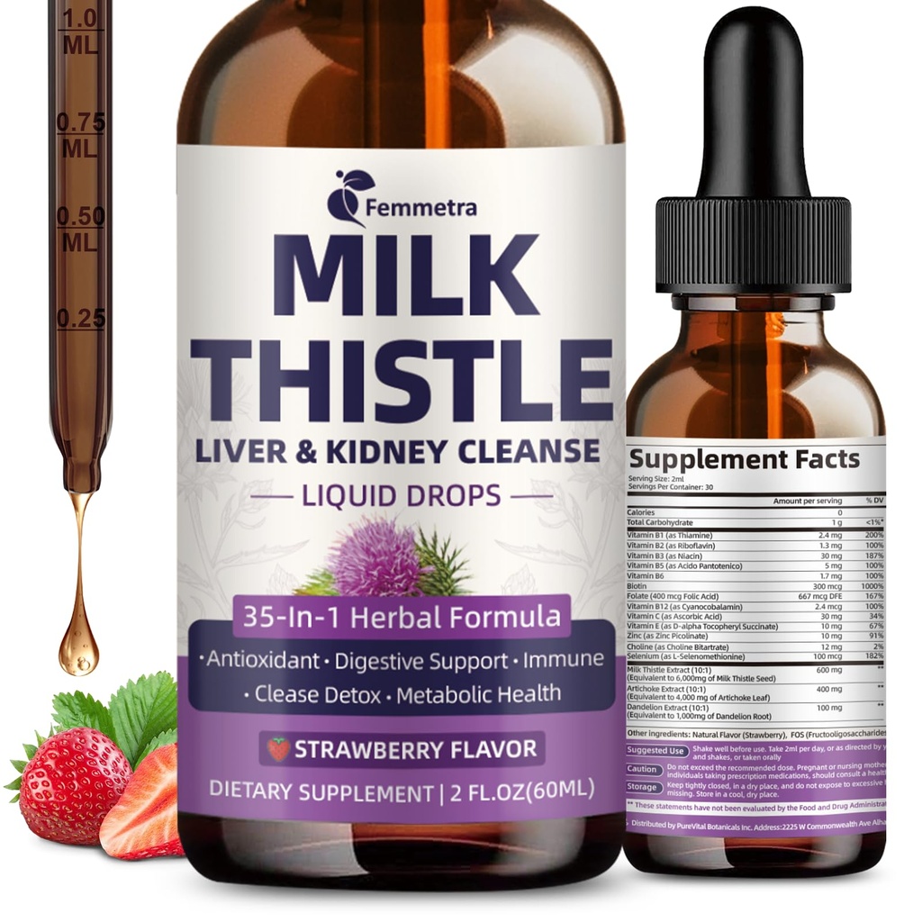 Extrait de chardon de lait gouttes liquides pour nettoyer le foie Detox & Repair, 35-IN-1 Supplément de soutien du rein avec artichaut et dandelion pour le trac urinaire, Bladder, végétalien, non-OGM, fraise, 2 FL OZ