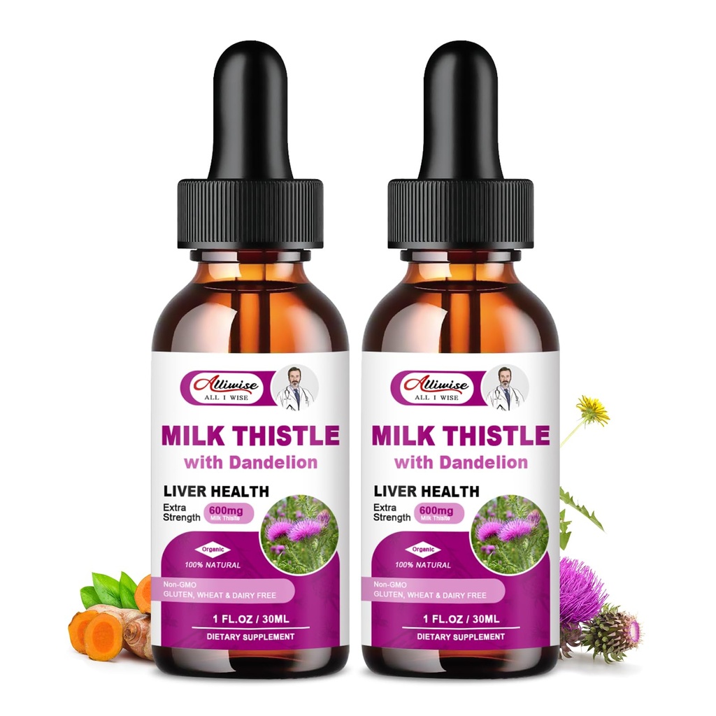 Liquid 2 Pack,600mg Milk Thistle 80% Silymarin Extract & 250mg Dandelion Root Extract, Lever Reiniging Detox & Reparatie Fatty Liver Formula, Vegan, Non-GMO en All-Natural