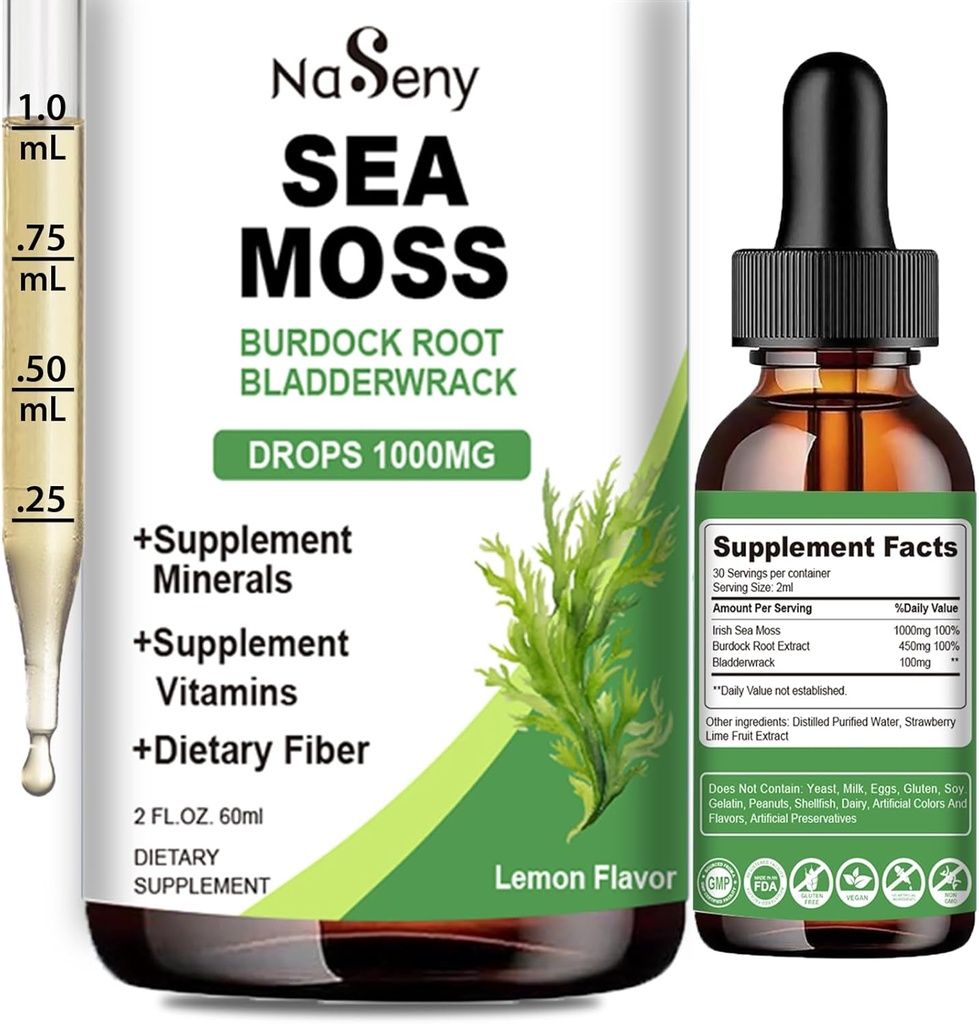 Sea Moss Liquid Drops - Hoge Absorptie Irish 1000 mg Sea Moss Tinctuur Supplement Rijk aan vitamine & Mineraal voor Immune Digestie & Energie-Citroen Smaak
