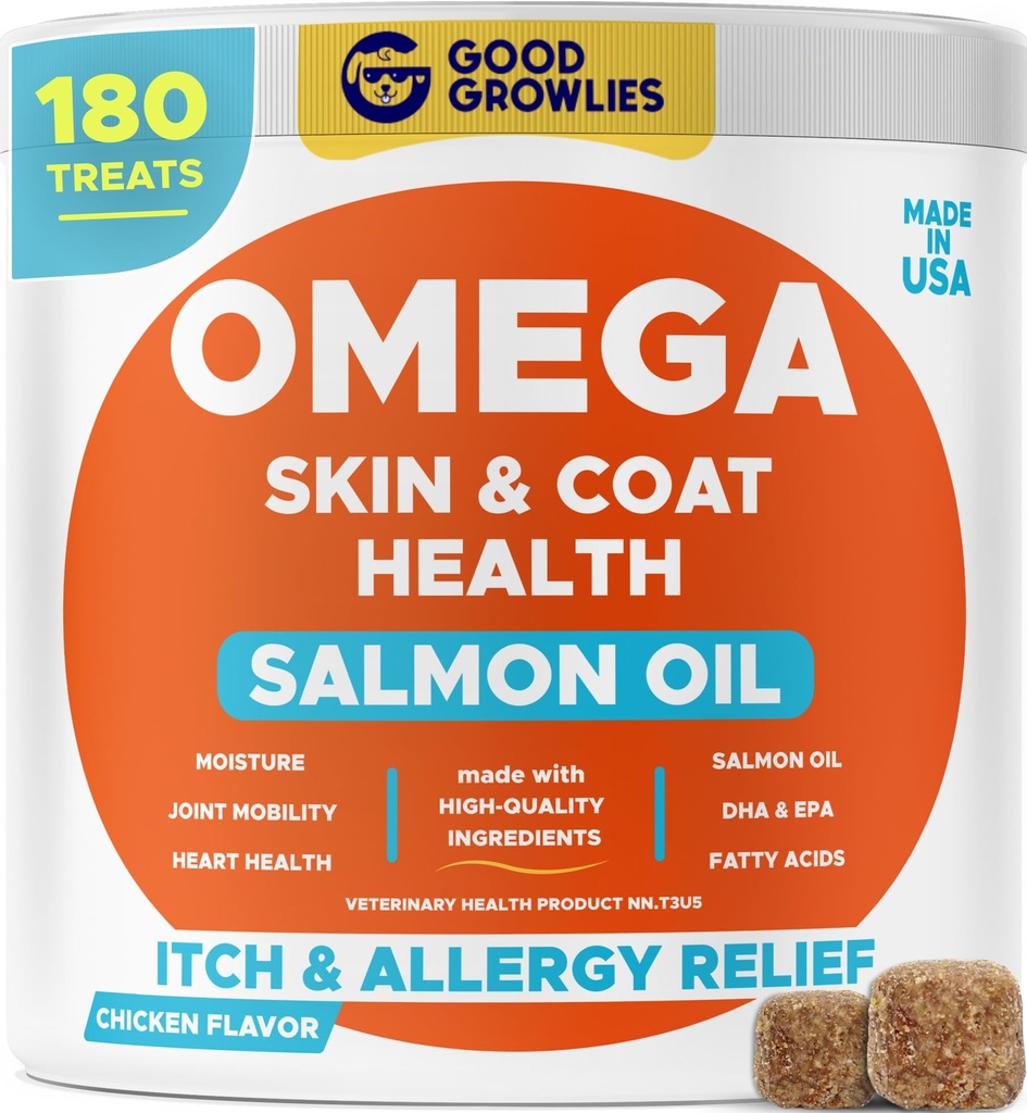 Omega 3 Visolie voor honden (180 Ct) - Huid- en mantelkauwers - Droge en jeukende huidrelief + Allergie-ondersteuning - Glanzende mantels - EPA&DHA-vetzuren - Natuurlijke zalmolie Kauwt bevordert hart, hiep & gezamenlijke ondersteuning