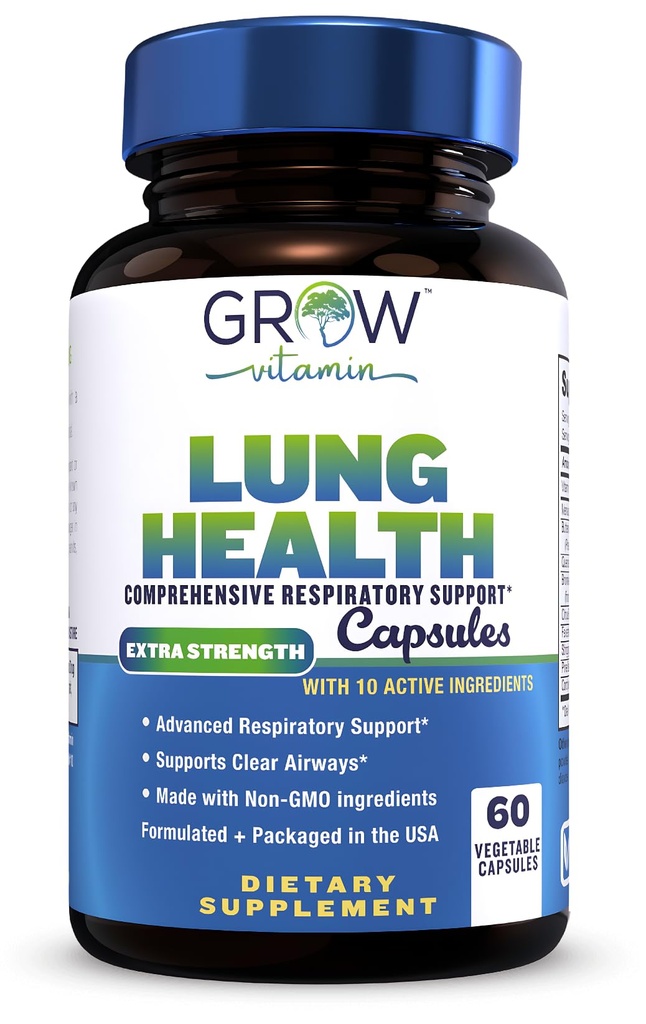 grow vitamin Lung Health, Respiratory Support Supplement, Lung Health Extra Strength Support, Lung Cleanse Formula with Vitamin C to Support Bronchial System, Breath Clear Airways - 60 Capsules