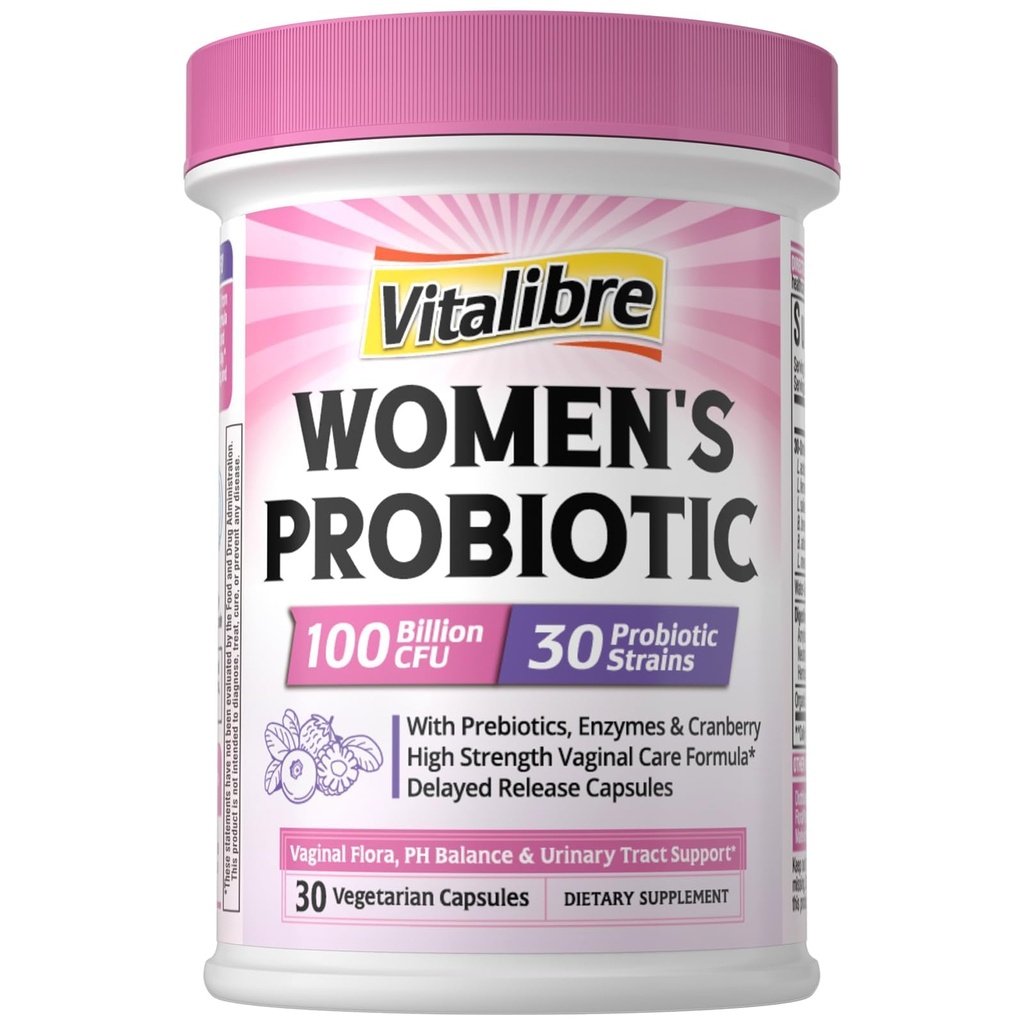 Vitalibre Probiotica voor vrouwen 30 Strains, 100 Miljard CFU Vaginale Probiotica met spijsverteringsenzymen, Prebiotica & Cranberry voor urinetrek gezondheid, pH-balans, 30 Veggie Capsules