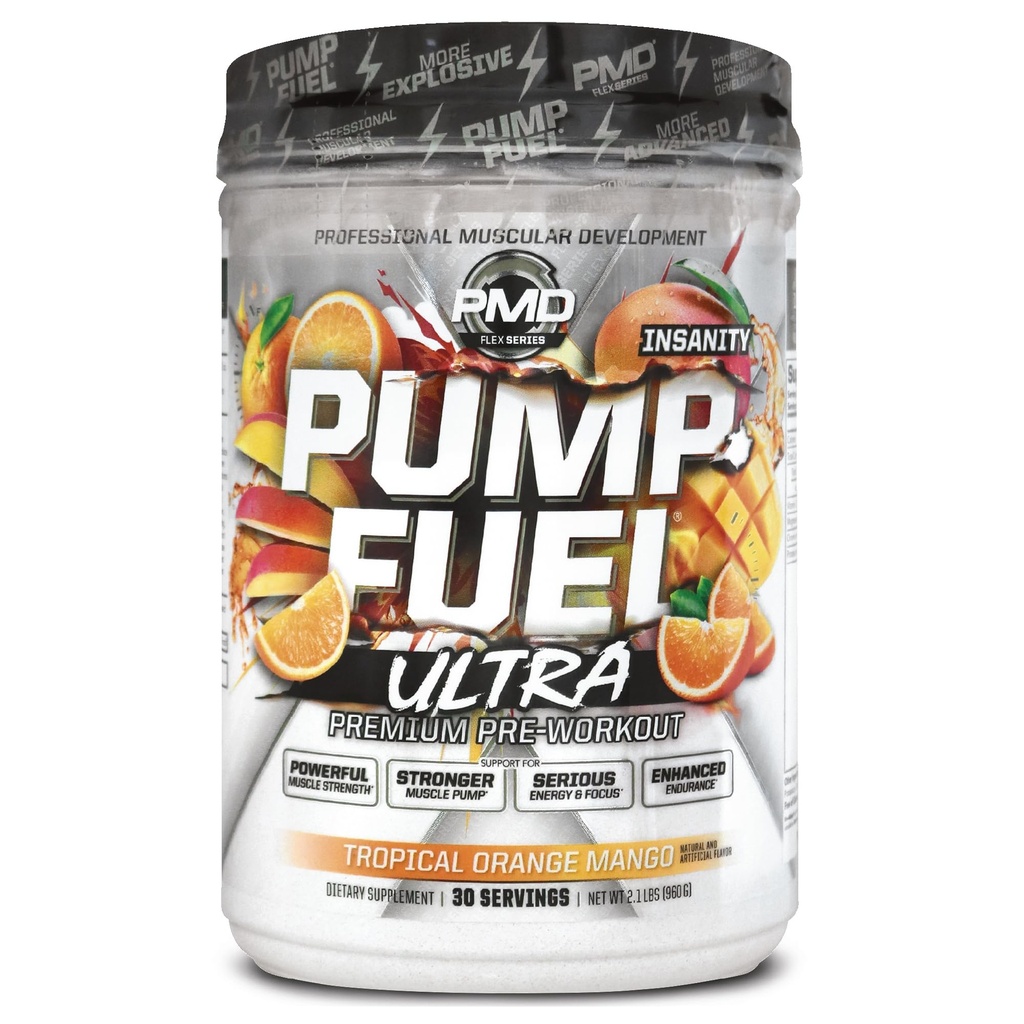 Pompe de sport PMD Carburant Ultra folie - Pre Workout Premium Poudre et Pompe musculaire, Plus grande concentration, Endurance et récupération, Créatine Premium, Arginine et Beta Alanine, Mango orange tropicale (30 portions)