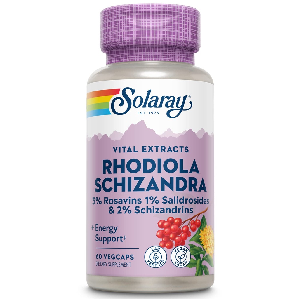 SOLARAY Rhodiola Schizandra - Rhodiola Rosea Extract - Energie Ondersteuning en Occasional Stress Relief Supplement - Vegan, Lab geverifieerd, 60-dagen garantie - 60 porties, 60 VegCaps