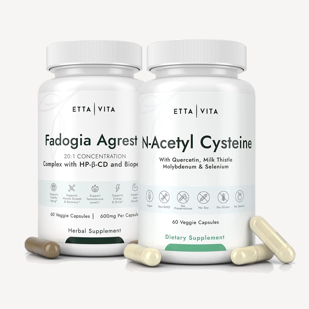 Etta Vita Fadogia Agrestis 600 mg + N-Acetyl Cysteine 600 mg bundel, 3X absorptie met bioperine en HP-β- CD in Fadogia Agrestis, NAC supplement met quercetine, melkdistel, molybdeen en selenium