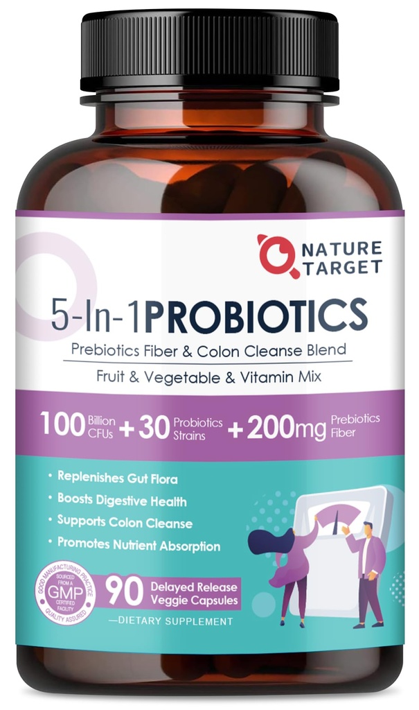 NATUUR TARGET Probiotica voor vrouwen-mannen Digestieve Gezondheid, Heren-Vrouwen Probiotica met Prebiotica, 100 miljard voor Gut en Immune Health, Geen Koeling, 90 Veggie Capsules (45 dagen Levering)