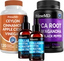 5-in-1 Ceylon Cinnamon (120ct), 4-in-1 Biotin Collageen Keratine Saw Palmetto (2 fl oz - 2 Pack) & 6-in-1 Maca Root Ashwagandha (120ct) Bundle - Energy, Mood, Hair, Skin & Immune Support Supplement