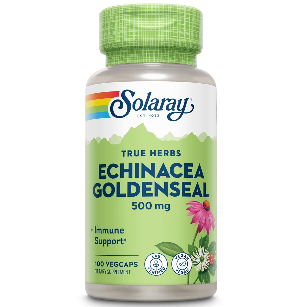 SOLARAY Echinacea Goldenseal - Mélange puissant de deux suppléments à base de plantes pour le bien-être - 250mg Ea Echinacea Racine et Goldenseal Racine - Non OGM, végétalien, sans gluten, garantie de 60 jours, 100 portions