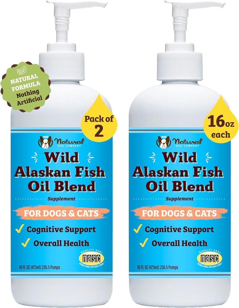 Natural Dog Company 2 Pack - 16 oz. Wilde Alaska Visolie voor honden & katten, Blend van Pollock & Wild Salmon Oil voor honden, Omega 3 voor honden, voor Multi Hondenfamilies, Grote Ras Honden, 32 oz. Waarde