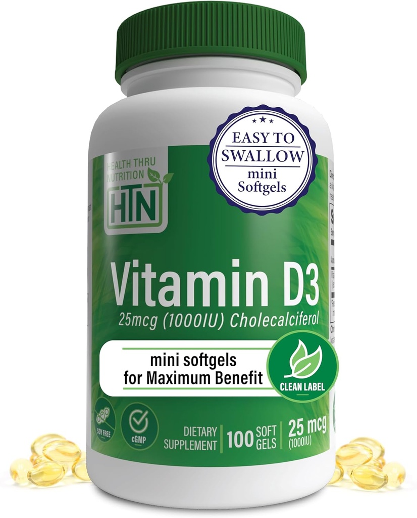 Santé Thru Nutrition Vitamine D3 1000iu 100 Mini Softgels pour un maximum d'avantages Grade en bio EVOO.Immune Health Support