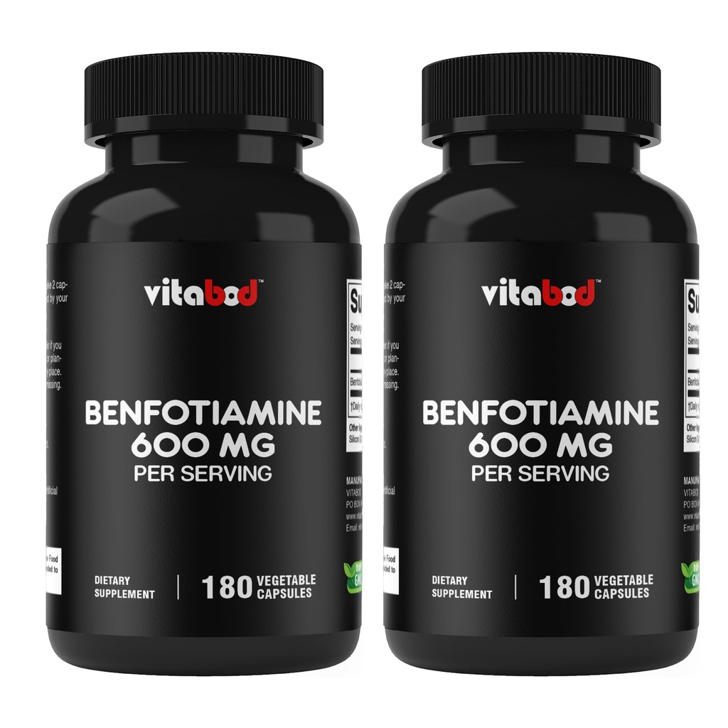 Vitabod Benfotiamine 600mg – 180 Vegetarian Capsules – Fat-Soluble Vitamin B1 Supplement- 2 Pack