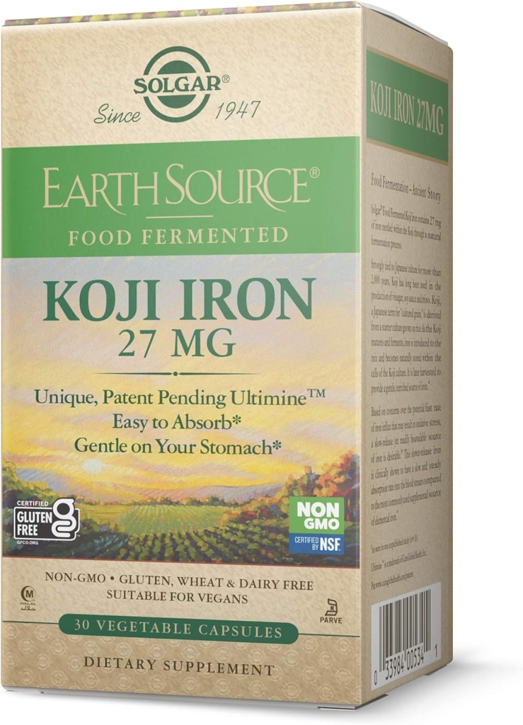 Solgar Earth Source Food Fermented Koji Iron 27mg, 30 plantaardige capsules - Hogere Absorptie, Slow-Release Iron - Zacht op de maag - Niet-GMO, Veganistisch, Glutenvrij, Zuivelvrij, Kosher - 30 porties