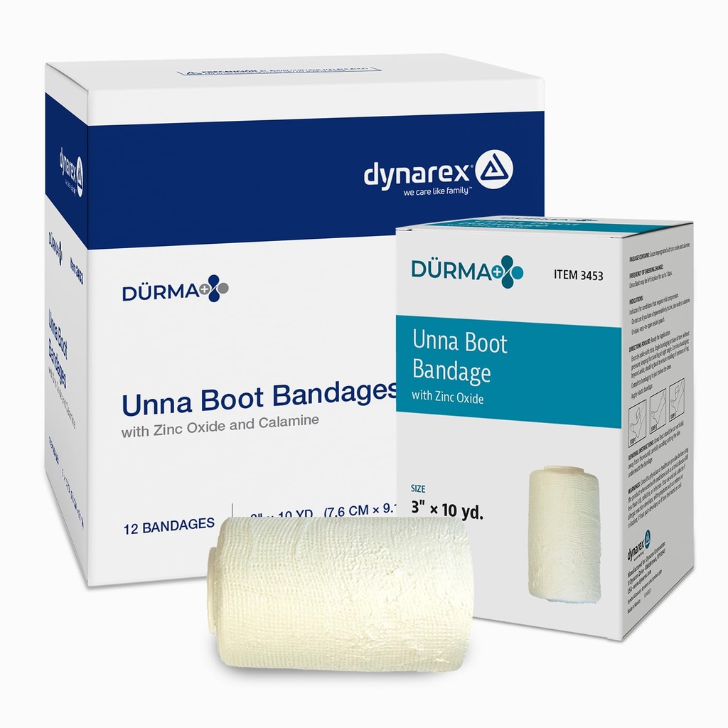 Dynarex Dürma+ Unna Boot Bandages with Zinc Oxide - Maintains Moist Environment and Provides Compression for Leg Ulcers, Edema, Sprains - 3" x 10 yds - Case of 12 Rolls