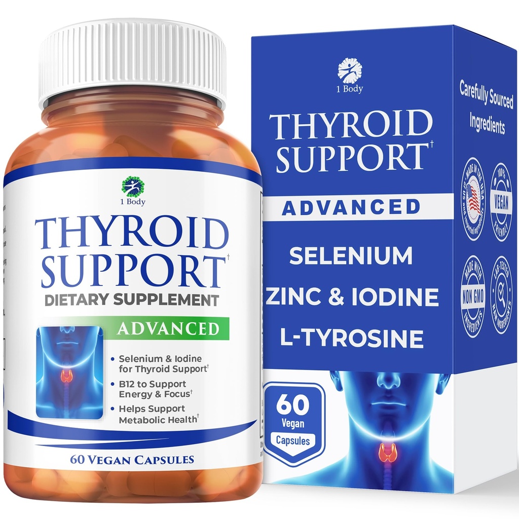 1 Body Thyroid Support Supplement voor vrouwen en mannen, Selenium met Jodium, Zink, B12, Ashwagandha en L-Tyrosine, Ondersteunt Hormone Gezondheid, Energie en Metabolisme, 30 dagen levering