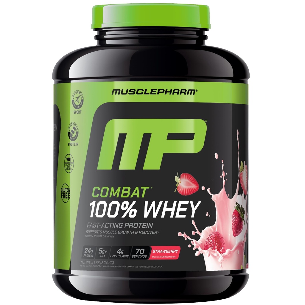 MusclePharm Combat 100% Wei Proteïne Poeder, Aardbei Cream Smaak, Snelle Herstel & Spier Gain met Wei Proteïne Isolaat, Hoog Proteïne Poeder voor Vrouwen & Mannen, Glutenvrij, 5 lb, 70 Servers