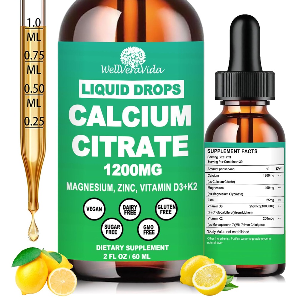 Suppléments de citrate de calcium pour les femmes et les hommes, Calcium 1200mg avec vitamine D3 K2 gouttes, supplément de zinc de magnésium de calcium liquide à haute absorption pour les os, les dents, la santé cardiovasculaire et immunitaire, végétalien