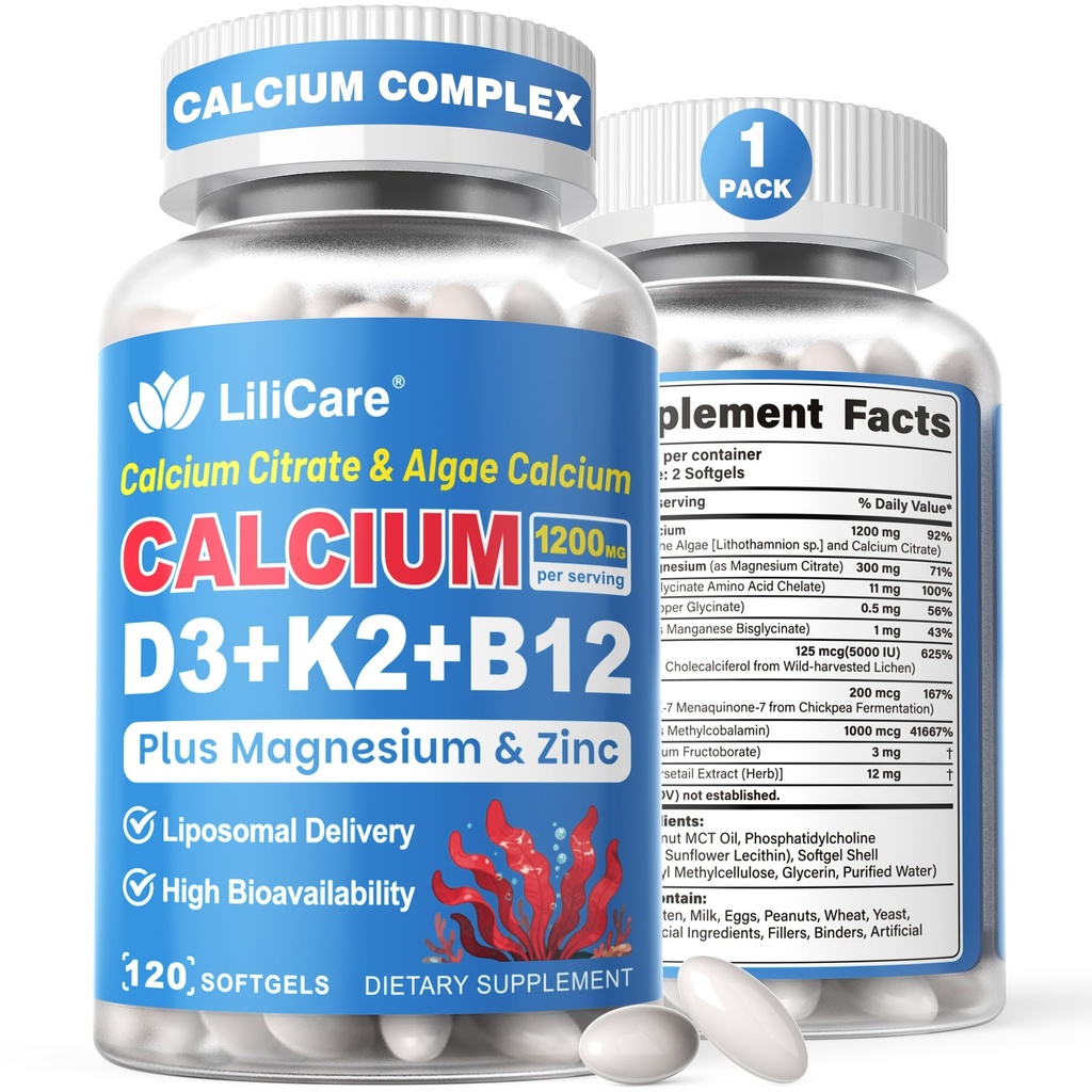 Calcium 1200 mg met vitamine D3 K2 5000 IE Softgels Supplement voor vrouwen Mannen - Liposomale Calcium citraat & Algen Calcium Magnesium Zink + D3 K2 B12, Plant-Based Vegan Vitamine D, Boron voor bot,120ct