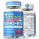 Calcium 1200 mg met vitamine D3 K2 5000 IE Softgels Supplement voor vrouwen Mannen - Liposomale Calcium citraat & Algen Calcium Magnesium Zink + D3 K2 B12, Plant-Based Vegan Vitamine D, Boron voor bot,120ct