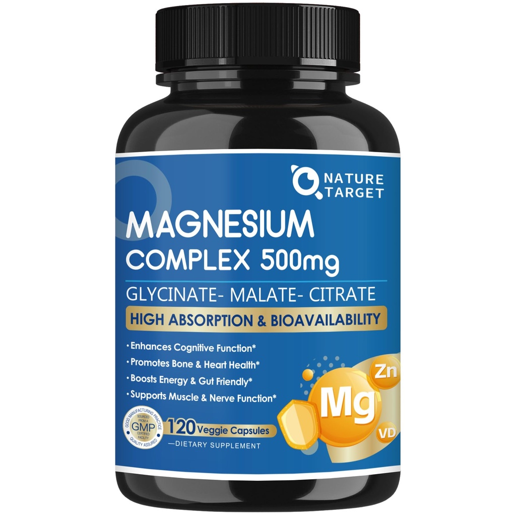 Magnesium Complex 500mg, Magnesium Glycinate, Malate & Citrate - High Absorption Chelated Triple Magnesium Supplement with Zinc, Vitamin D3 for Muscle, Nerve, Bone & Immune Support, Vegan 120 Capsules